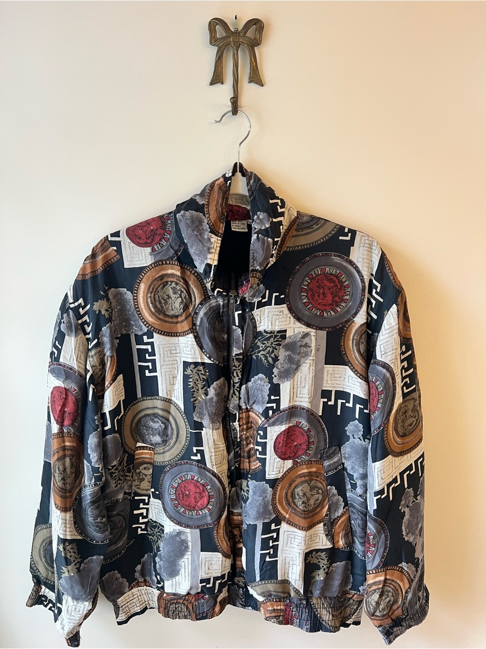 Vintage Carte 100% Silk Bomber Jacket Greek Roman Medallion Art Print M